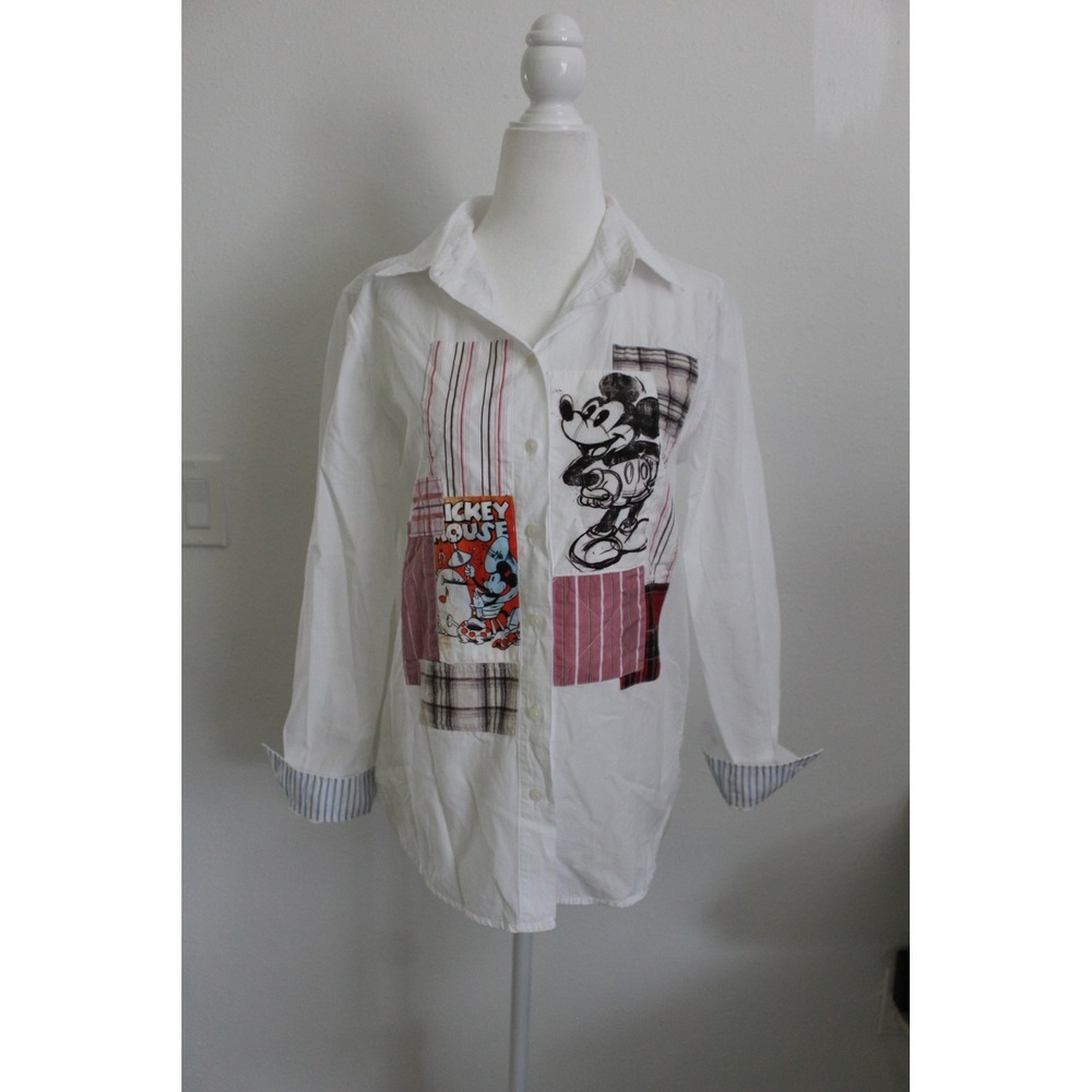 Desigual x Disney Mickey Mouse Patchwork Button Down Shirt White Blouse XS